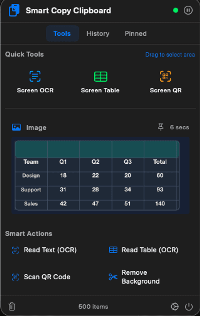 Smart Copy Clipboard showing Screen OCR, Screen Table, Screen QR, and image smart actions